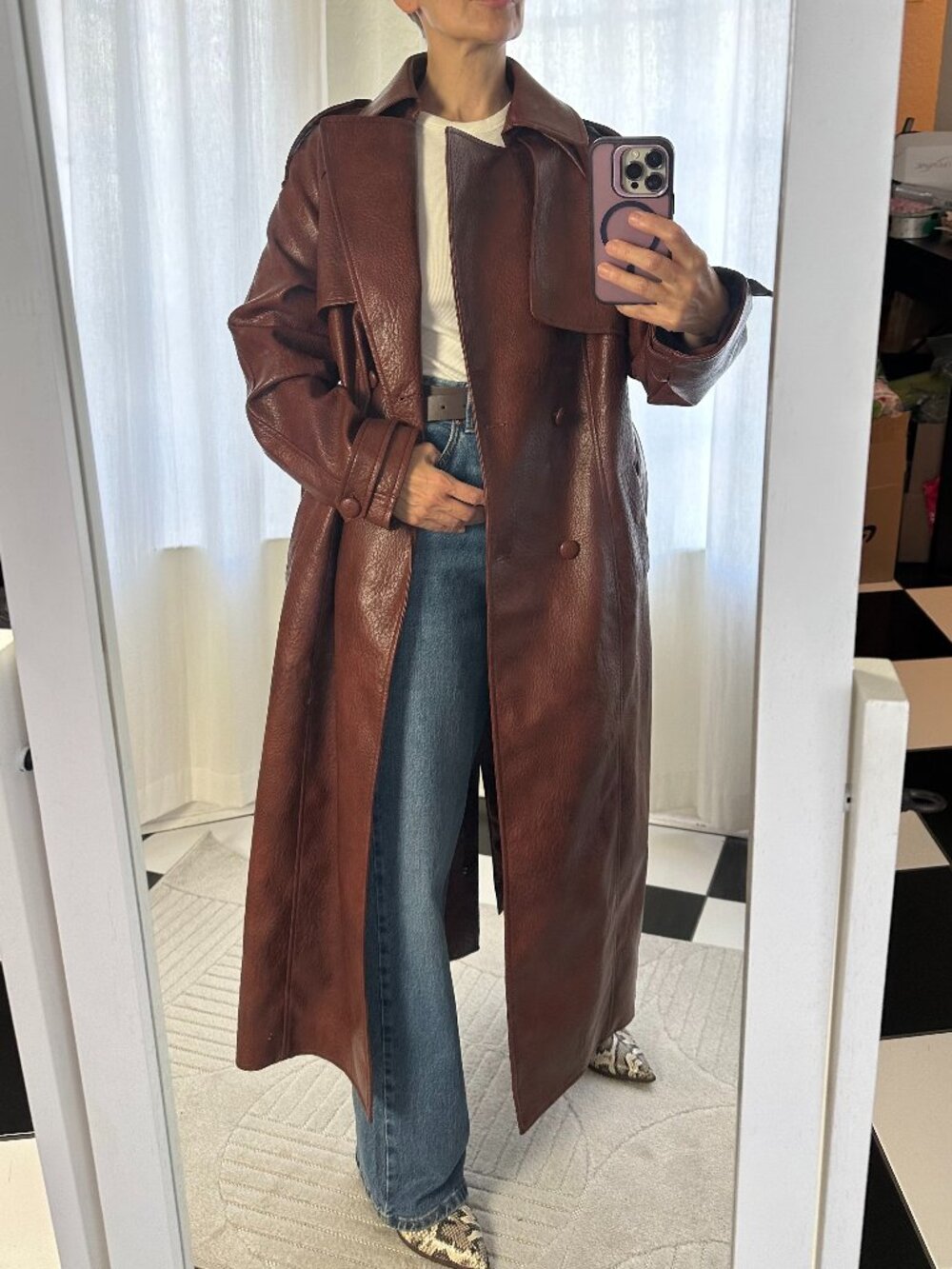 Coalition LA Women’s L Brown Vegan Leather Long Trench Coat Belted NWT
